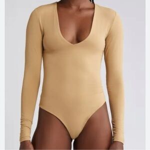 29. Open Edit  Tan Double Layer Long Sleeve V Neck Bodysuit